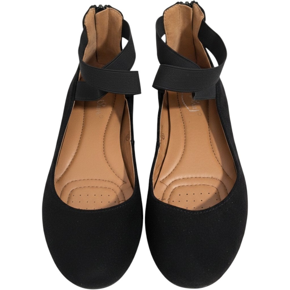 Lov Mark Dana-20B Ballet Flats Women 7 Black Suede Ankle Strap Back Zipper